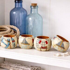 Vintage Nautical Wooden Napkin Rings Hand Painted Coastal Beach Decor Set of 4